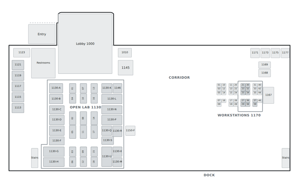 Schematic floorplan of Buckeye Discovery Lab; areas described in the text below