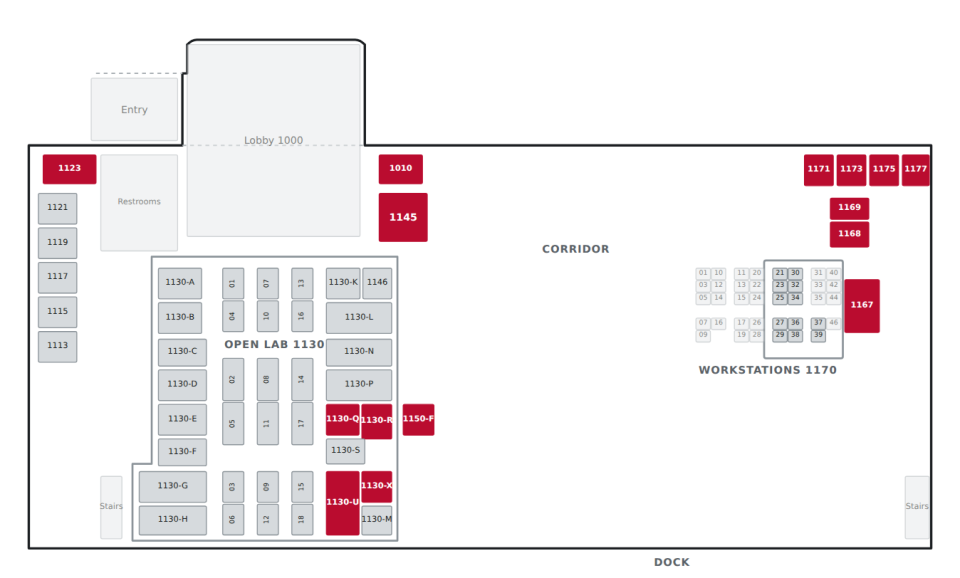 Floorplan with shared building spaces highlighted; details in the list below
