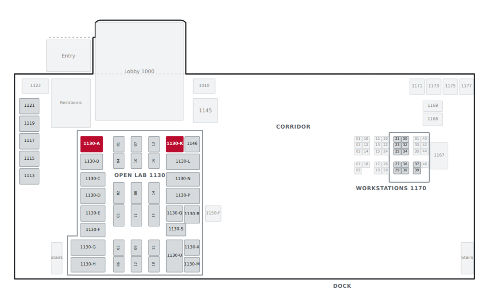 Floorplan with Small Suite support rooms highlighted; details in the list below